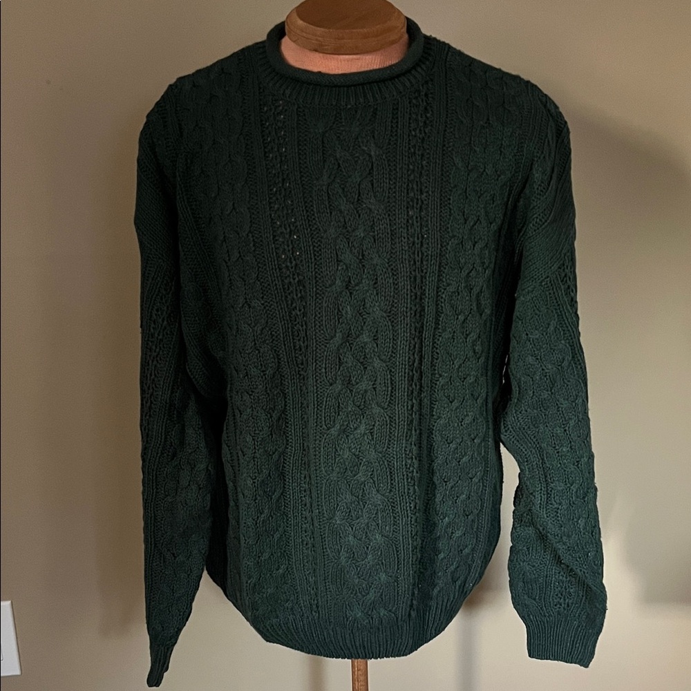 Vintage Structure Dark Green Cable Knit Crewneck Sweater